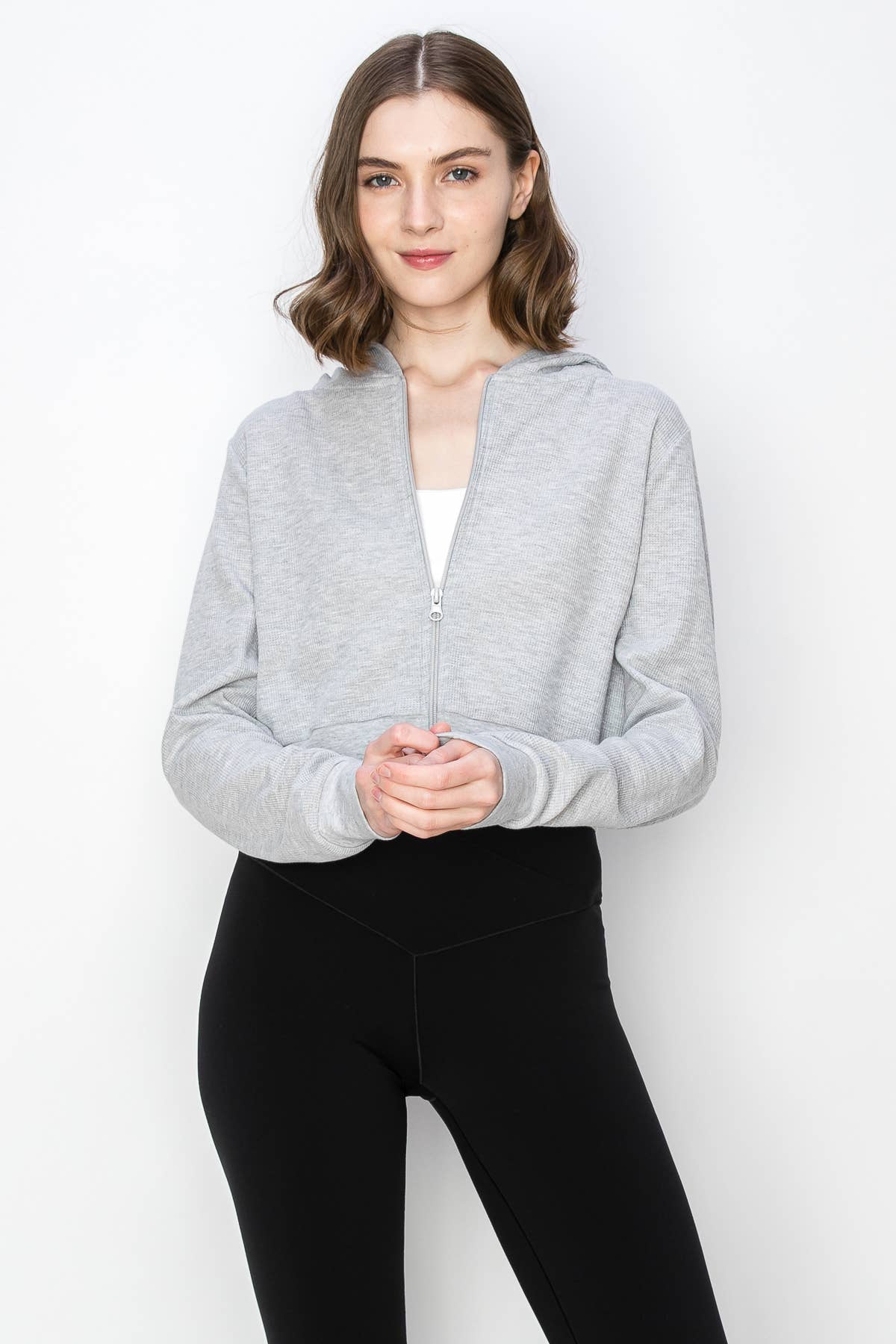 Color 5 - Wholesale Hoodie - Women's - HGray color waffle knit thermal  zipper hoodie crop jacket  2