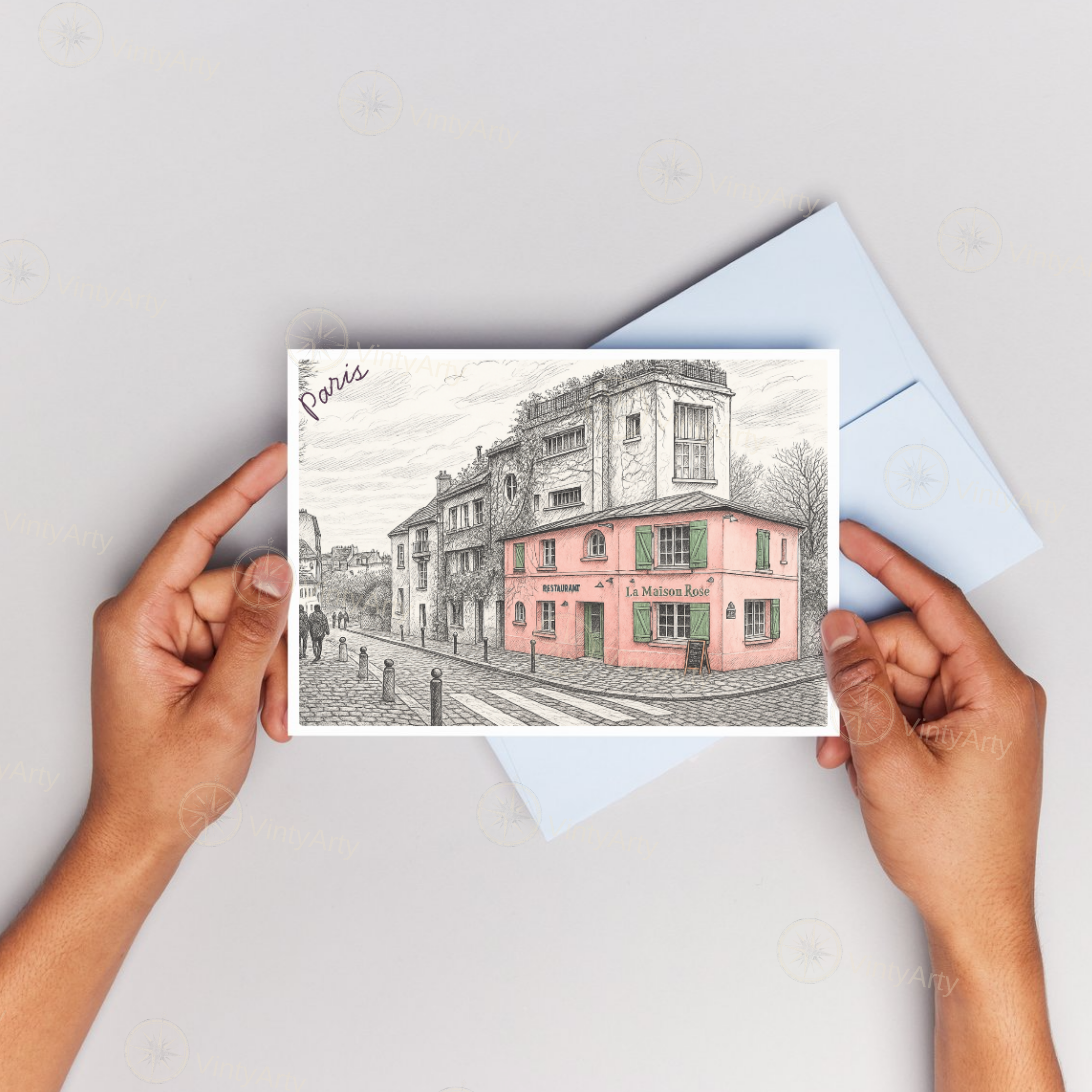 VintyArty - Wholesale Postcard - Postcard Paris Montmartre – The Pink House | Illustrati3