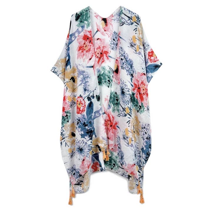 PinktownUSA - Wholesale Kimono - Women's - Multi Color Floral Print Tassel Kimono