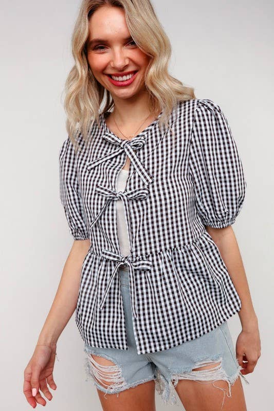 NOIR/BLANC Haut à manches courtes vichy babydoll à ruban en vente sur Faire2