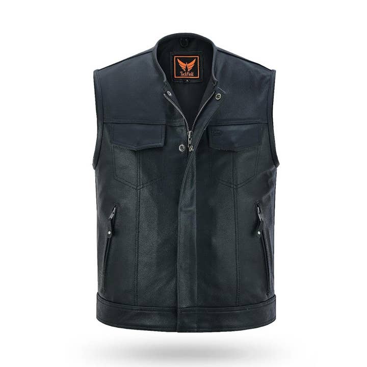 Blackhawk Mens Collarless Motorcycle Vest Premium Cowhide Leather for wholesale by Tackfield