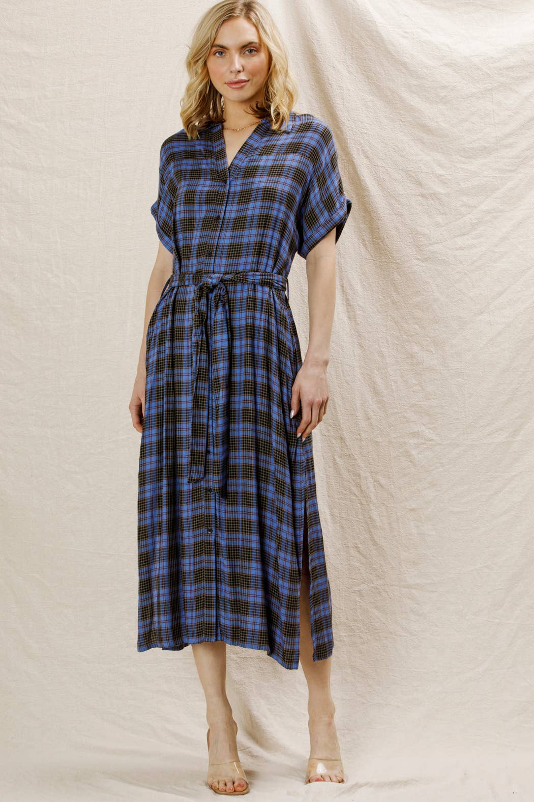 BLUE BLACK Plaid Button Down Belted Shirt Dress for wholesale on Faire0