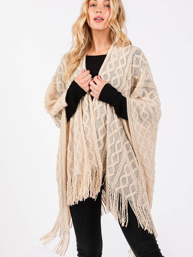 Hana – wholesale Cardigan – Women’s – Diamond Pattern Tassel Knit Ruana Winter Cardigan4