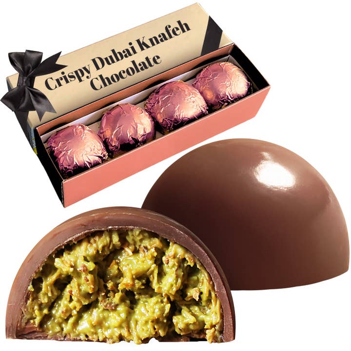 Ceres Gourmet - Wholesale Chocolate Box - Dubai Pistachio Kunafa Chocolate Balls 5.6 Oz - Gourmet Chocolate with Knafeh Filling-Pistachio & Kadayif, 4-Piece Gift Box - Luxury Chocolate Gift, Exotic Delight with a Crunchy Pistachio Twist