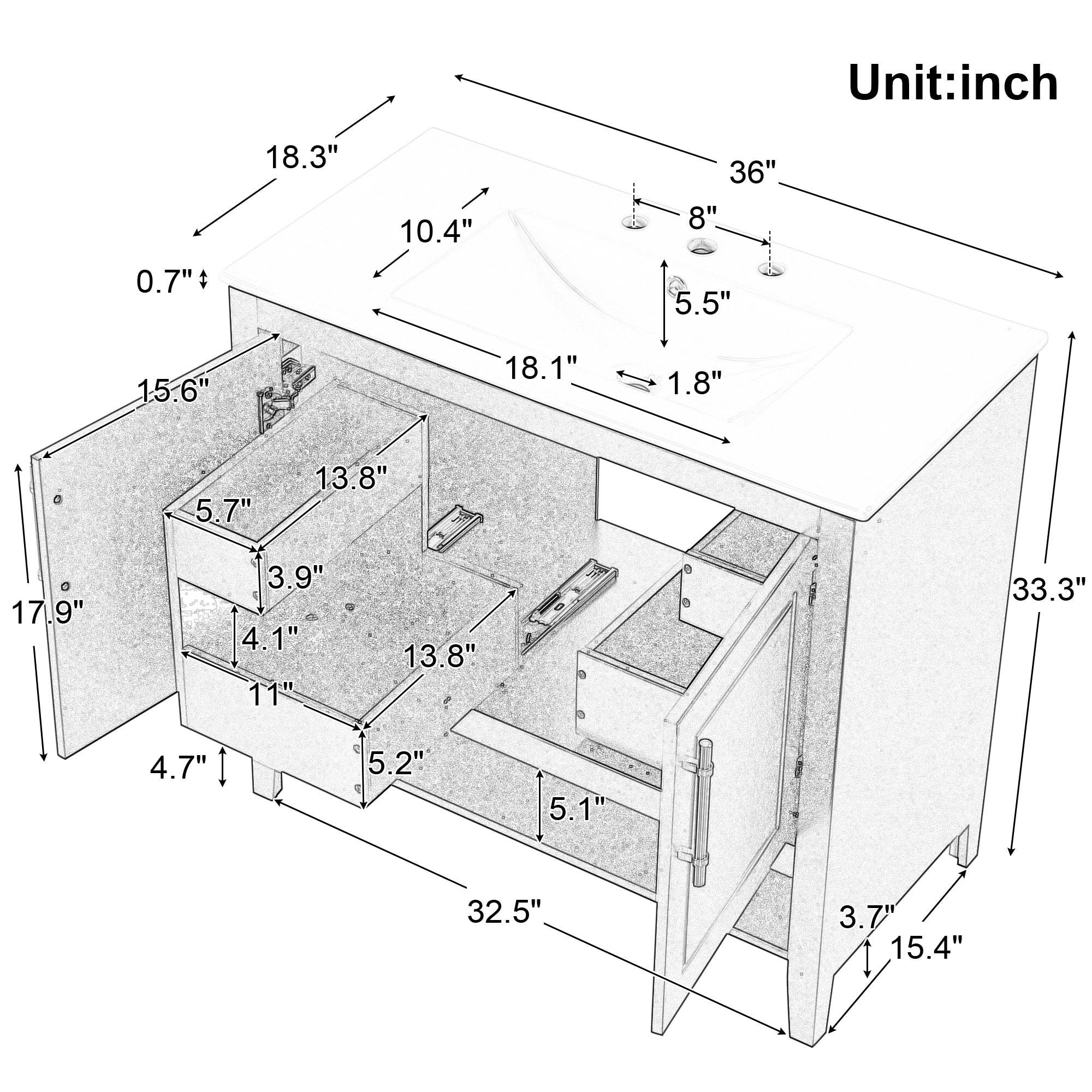 Orange County Decor - Wholesale Cabinet - 36" Bathroom Vanity With Sink, Multi Functional Bathroom Cabinet With Doors And Drawers, Mdf Frame And Mdf Board, Black Black Solid Wood Mdf15