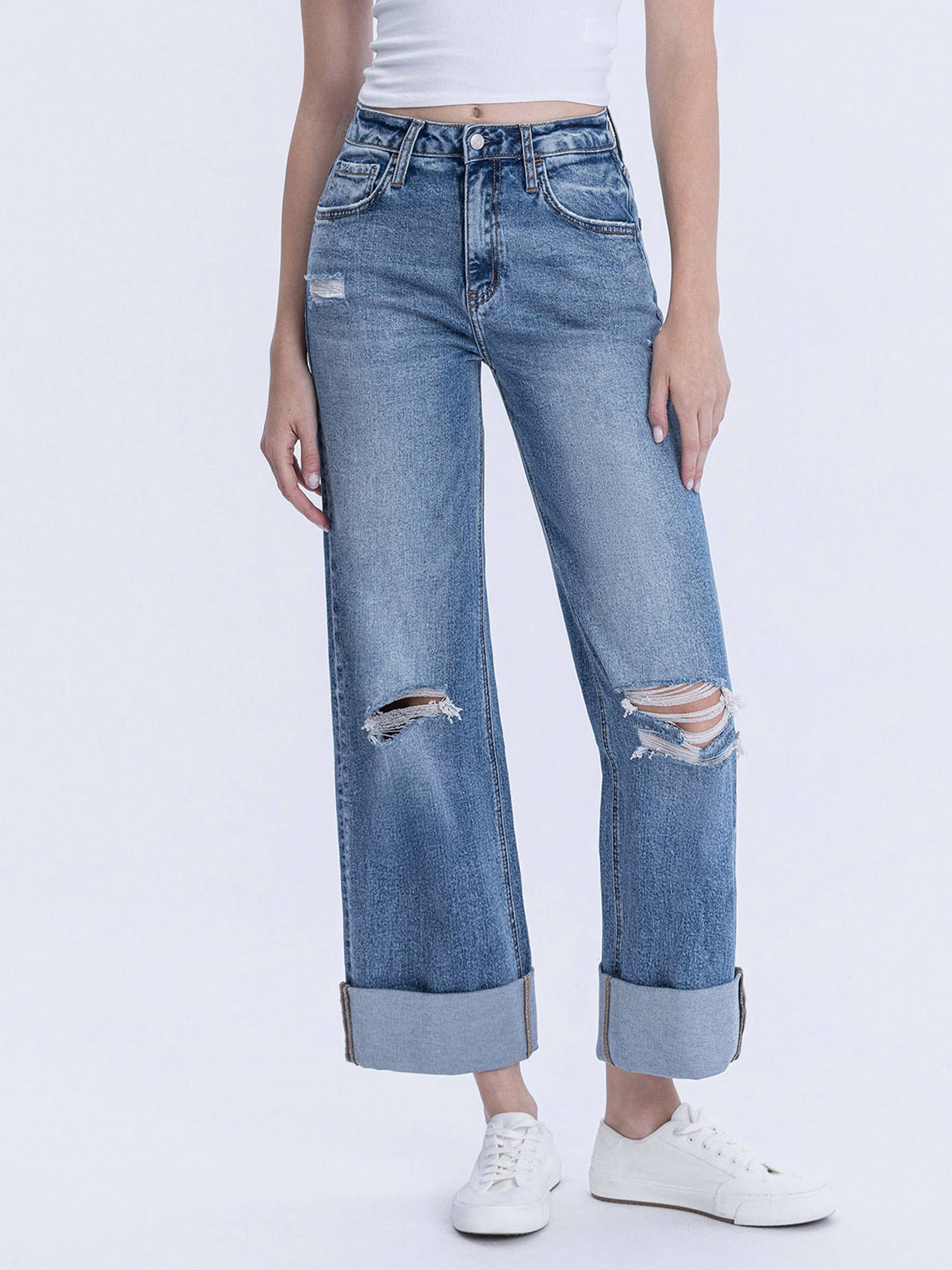 ROSY SUPER HIGH RISE DOUBLE CUFFED BAGGY WIDE JEANS LV1459 for wholesale on Faire0