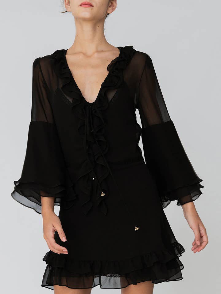 Mini-robe noire à volants pour la vente par ANT WOMAN COLLECTION
