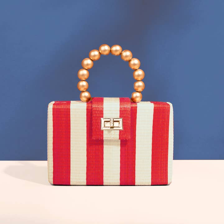Red Cream Stripe Buntal Clutch Gold Handle Bag | Fall Resort for wholesale by Soli & Sun