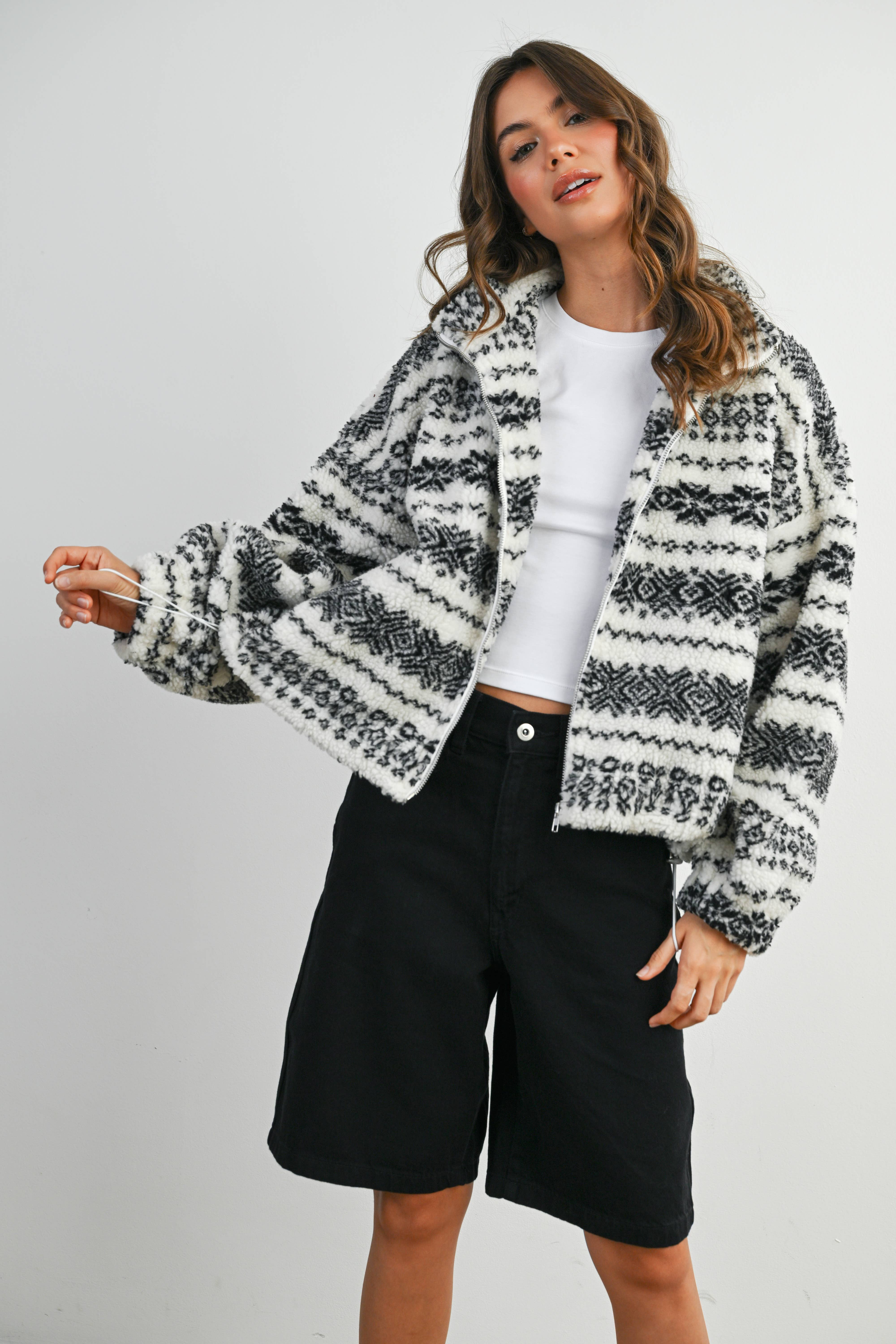 BUTTERMELON - Wholesale Jacket - Women's - Fuzzy Fleece Zip-Front Patterned Jacket - BMJ780729