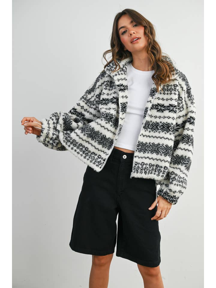 BUTTERMELON - Wholesale Jacket - Women's - Fuzzy Fleece Zip-Front Patterned Jacket - BMJ780729