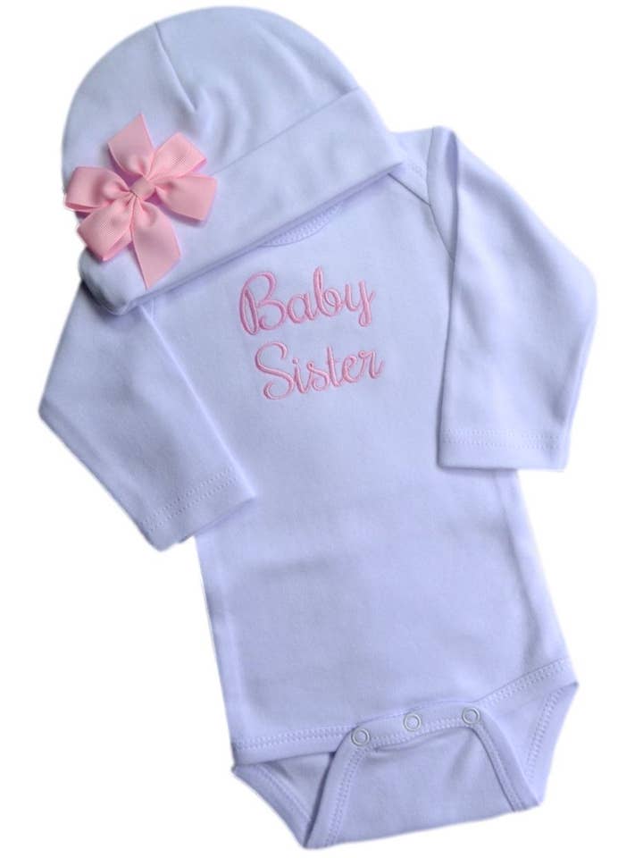 Baby Sister Embroidered Bodysuit with Matching Bow Hat for wholesale by Funny Girl Designs