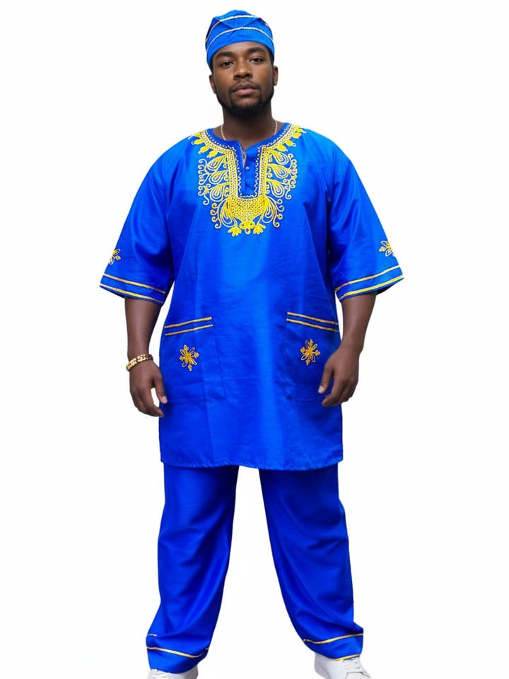 Men's African Attire / 3Pcs Silk Embroidery Set Royal Blue for wholesale by India Batik