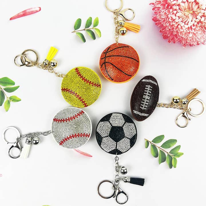 SPORTS THEME CUSHION RHINESTONE TASSEL KEYCHAIN for wholesale by JHP Collection