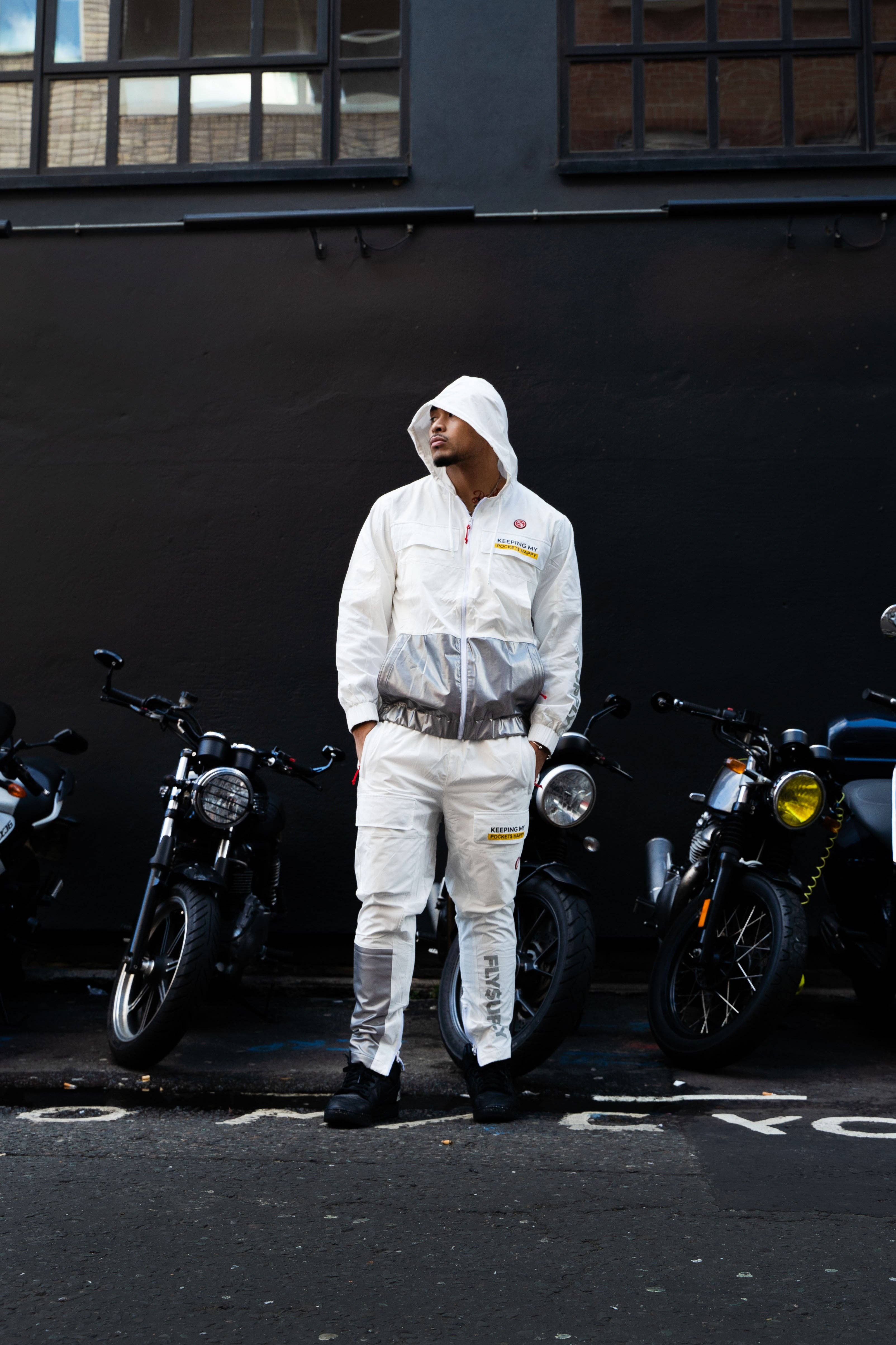 White Happy Pockets Windbreaker Zip-Up Jacket (White) for wholesale on Faire16