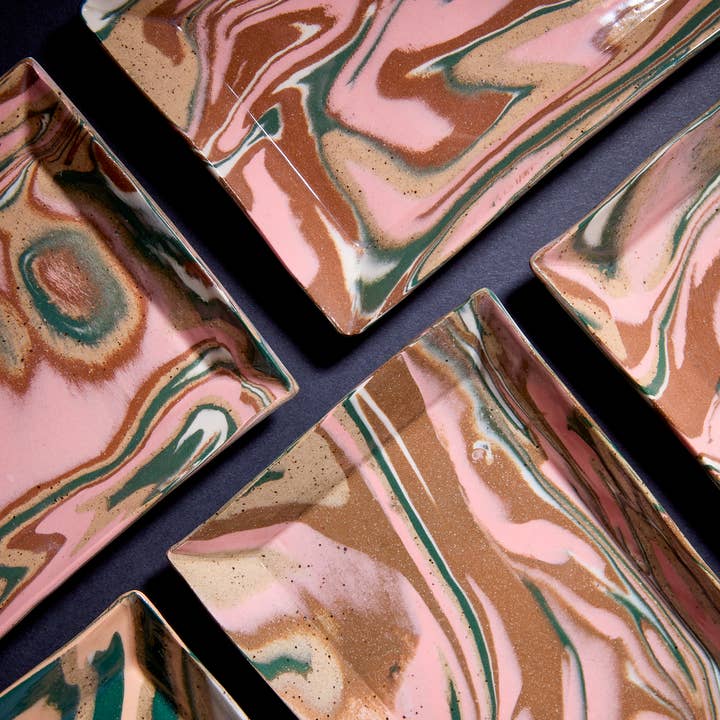 Small Rectangular Dish - Pink, Brown and Green Pattern 7" for wholesale by Messy Jessy Ceramics