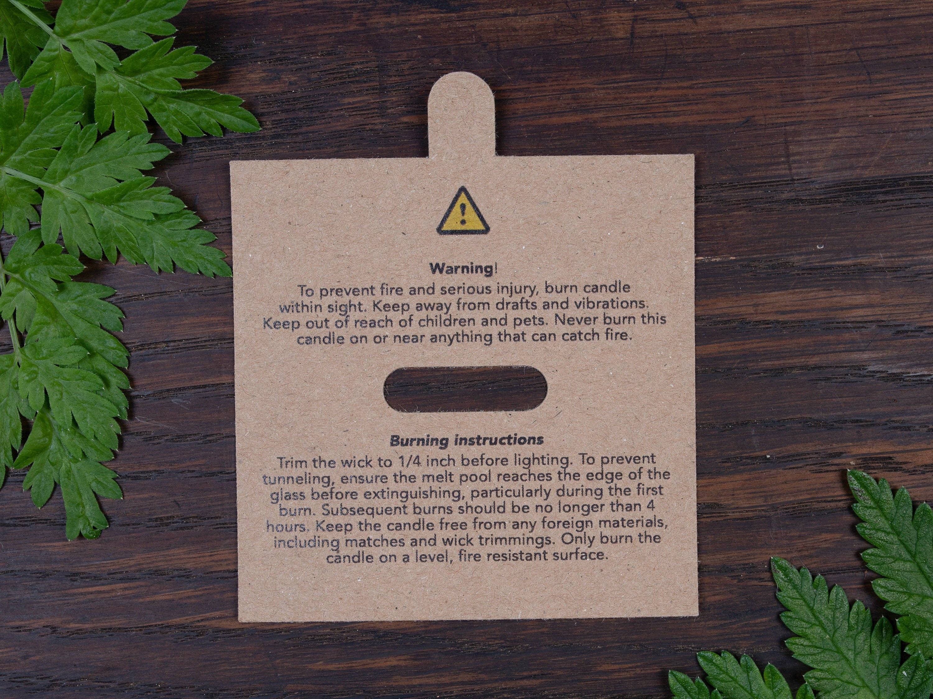 Fernery Designs - Wholesale Candle Holder - Warning & Burning Instruction Design Kraft Candle Dust Covers for wooden wick0