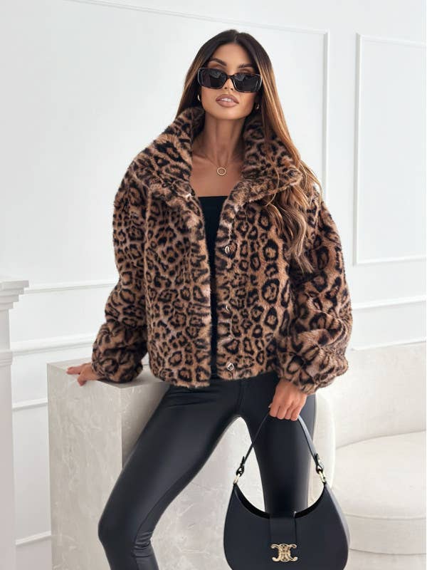 Leopard print long-sleeved furry short coat for wholesale on Faire2
