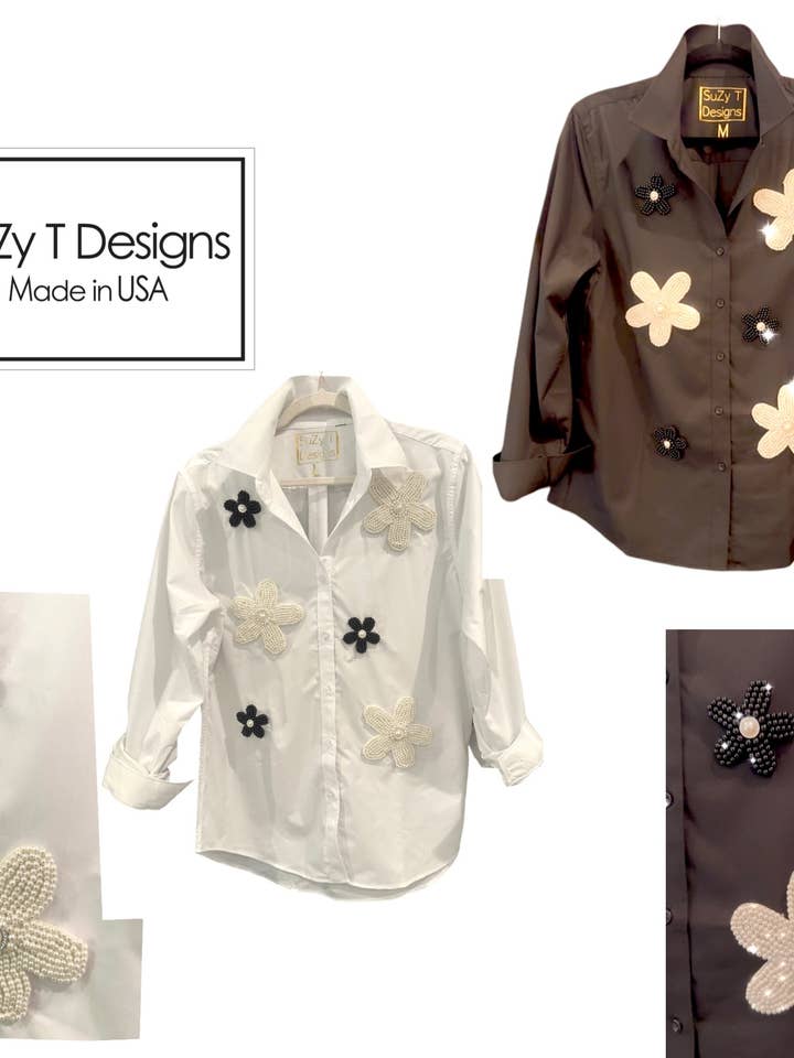 Fantastisk sort og hvid perleblomstret bluse-WOW! for engroshandel hos Suzy T Designs