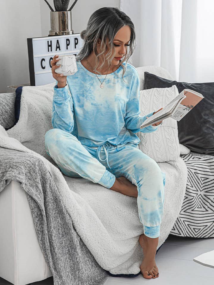 Blue Tie-Dye Long Sleeve Lounge Set for wholesale on Faire2