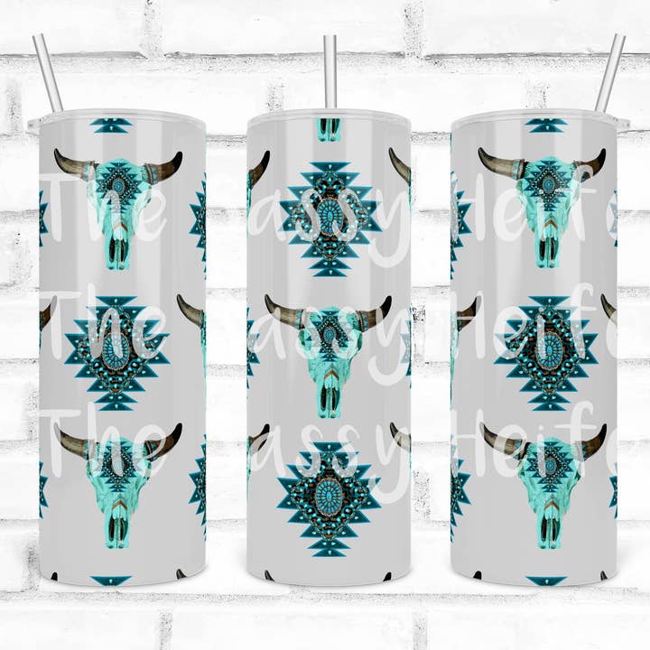 White & Turquoise Bullskull Aztec Tumbler for wholesale by The Sassy Heifer