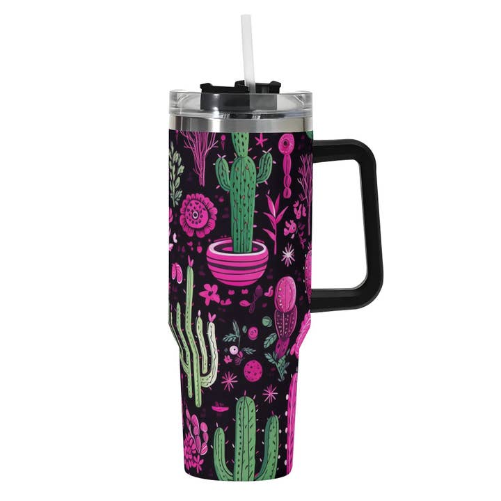 Grassy Creek Designs - Wholesale Insulated Mug/Tumbler - Neon Desert Blooms 40oz Stainless Steel Tumbler With Handle and Straw1