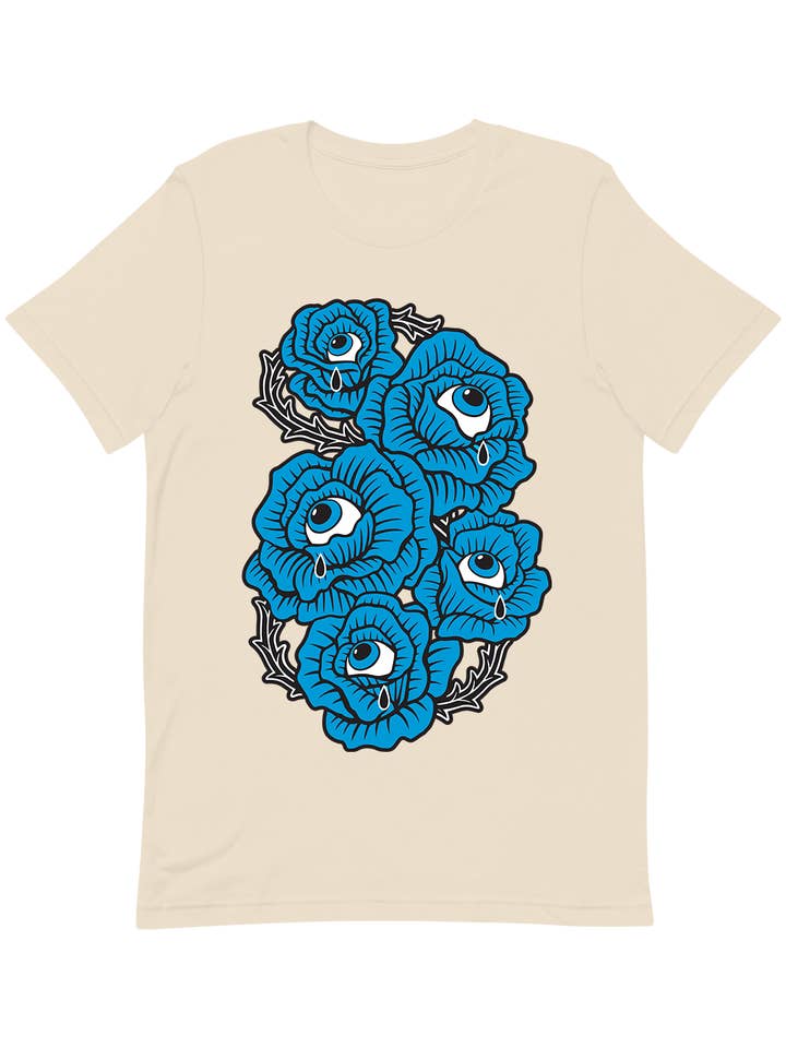 XRAEART Clothing Co - Vente T-shirt sérigraphié – unisexe - T-shirt avec tatouage Budding Romance - Crying Emo Roses (bleu)1