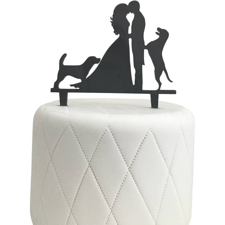 Bride, Groom and 2 Dogs Silhouette Acrylic Cake Topper for wholesale by 17 Main