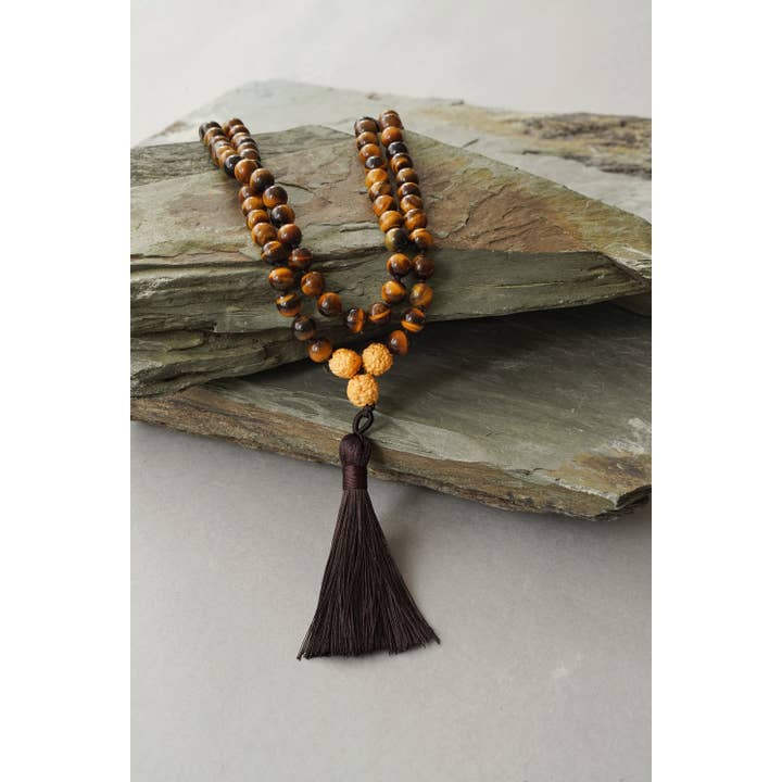 Xander Kostroma - Vente Collier de prière en perles - Collier de prière Mala 108 perles œil de tigre pour homme avec pompon