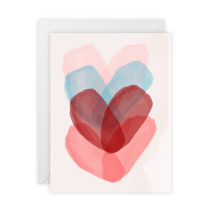 Tarjeta de felicitación con corazones en capas de acuarela — Tarjeta de felicitación de amor / San Valentín - Ilustrada, divertida, sarcástica, moderna para venta al por mayor de Donkey Laserbeam