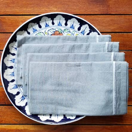 Gray cotton napkins with embroidered border - set of 4 for wholesale by Indigostep