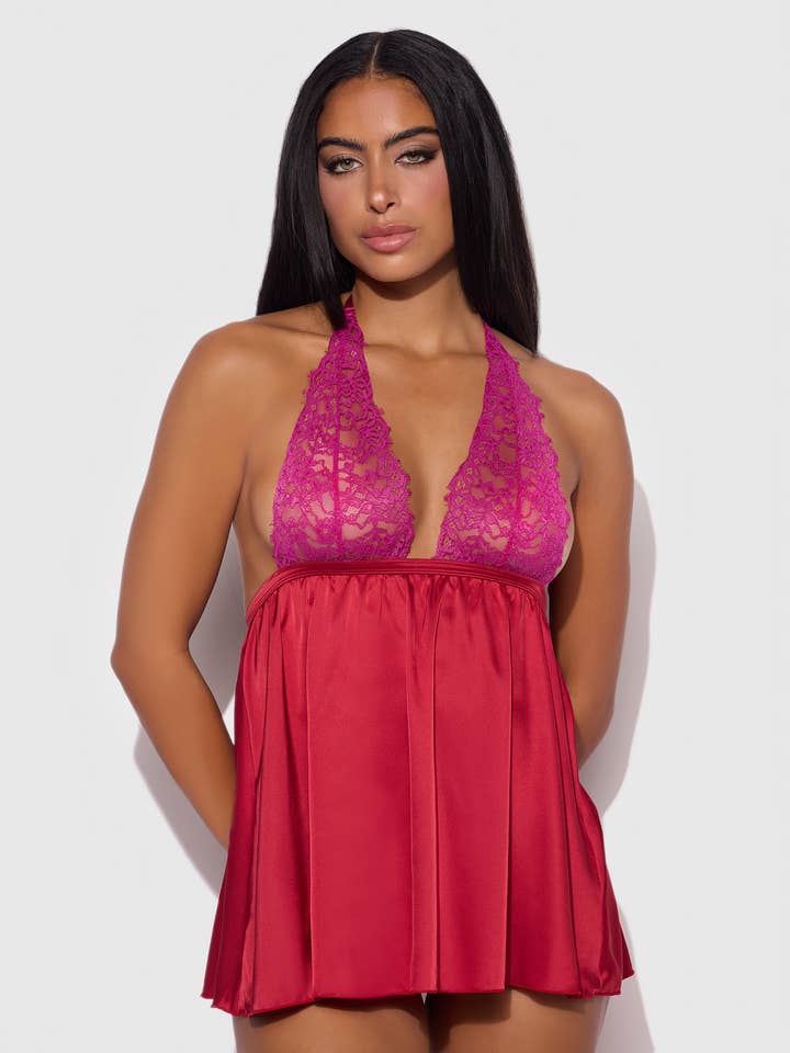 CONJUNTO JOCELYN LACE & SATIN DROP OFF BABYDOLL & TANGA por atacado de House of Desire