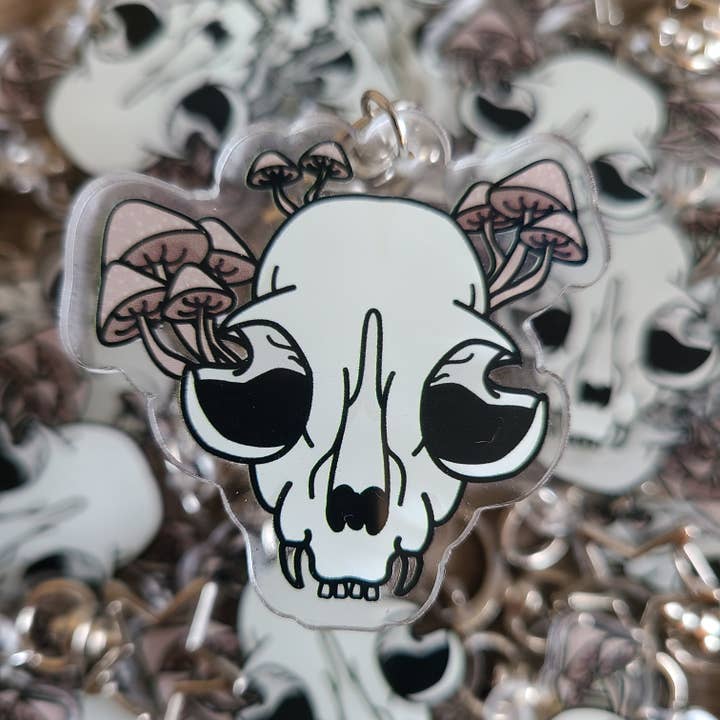 Cat Skull and Mushrooms Keychain for wholesale by Boxford Comma
