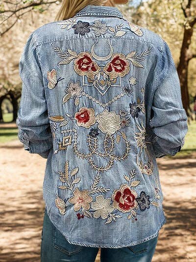 Light Embroidered Pocketed Button Up Denim Shirt for wholesale on Faire
