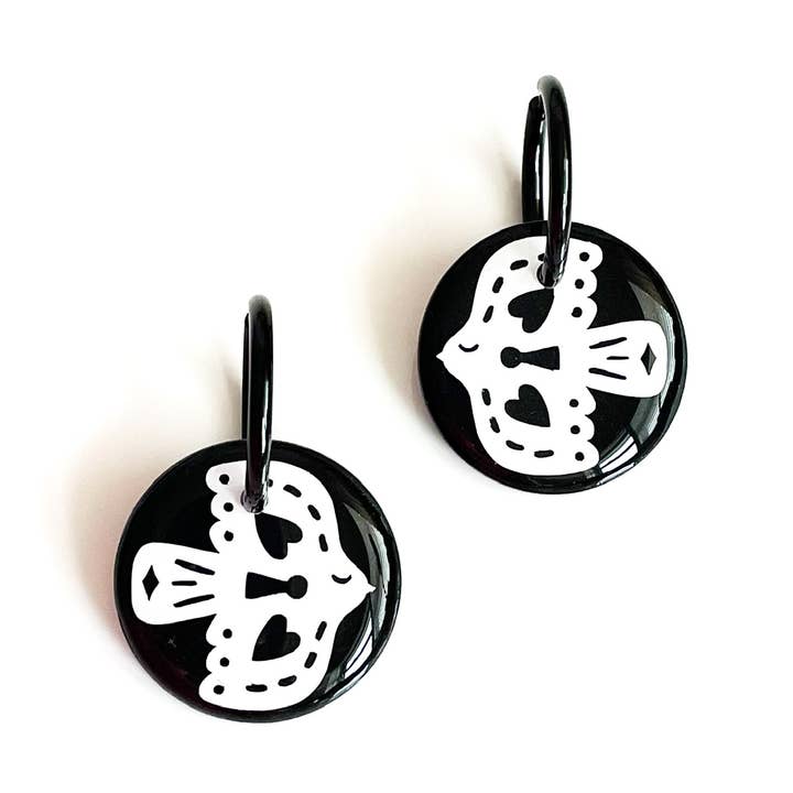 Gracie Face - Vente Boucles d'oreilles pendantes - Boucles d'oreilles pendantes Folk Art en forme de petite colombe, noires0