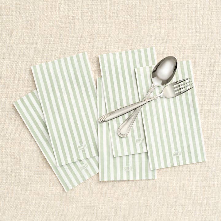 The Wine Savant / Khen Glassware - Wholesale Disposable Napkin - Green & White Striped Disposable Napkins & Placemats, 100pcs