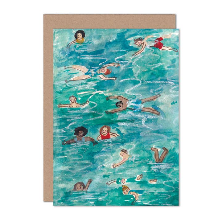 Wild swimmers, A6 greetings card for wholesale by Juliet Thomas Doodles