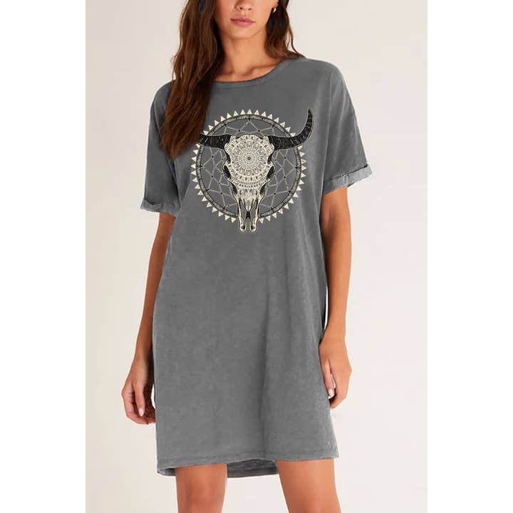 AZTEC COW HEAD SKULL MINERAL GRAPHIC DRESS for wholesale by HRTandLUV