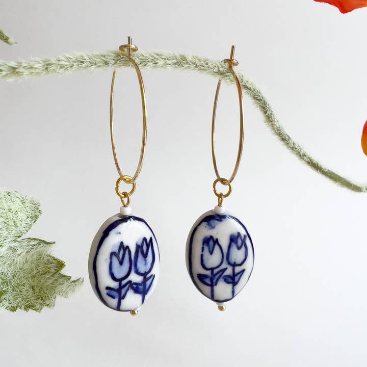 Yellow Dots Studio - Wholesale Dangle Earrings - Blue Tulips Hoop Earrings | Ceramic Earrings