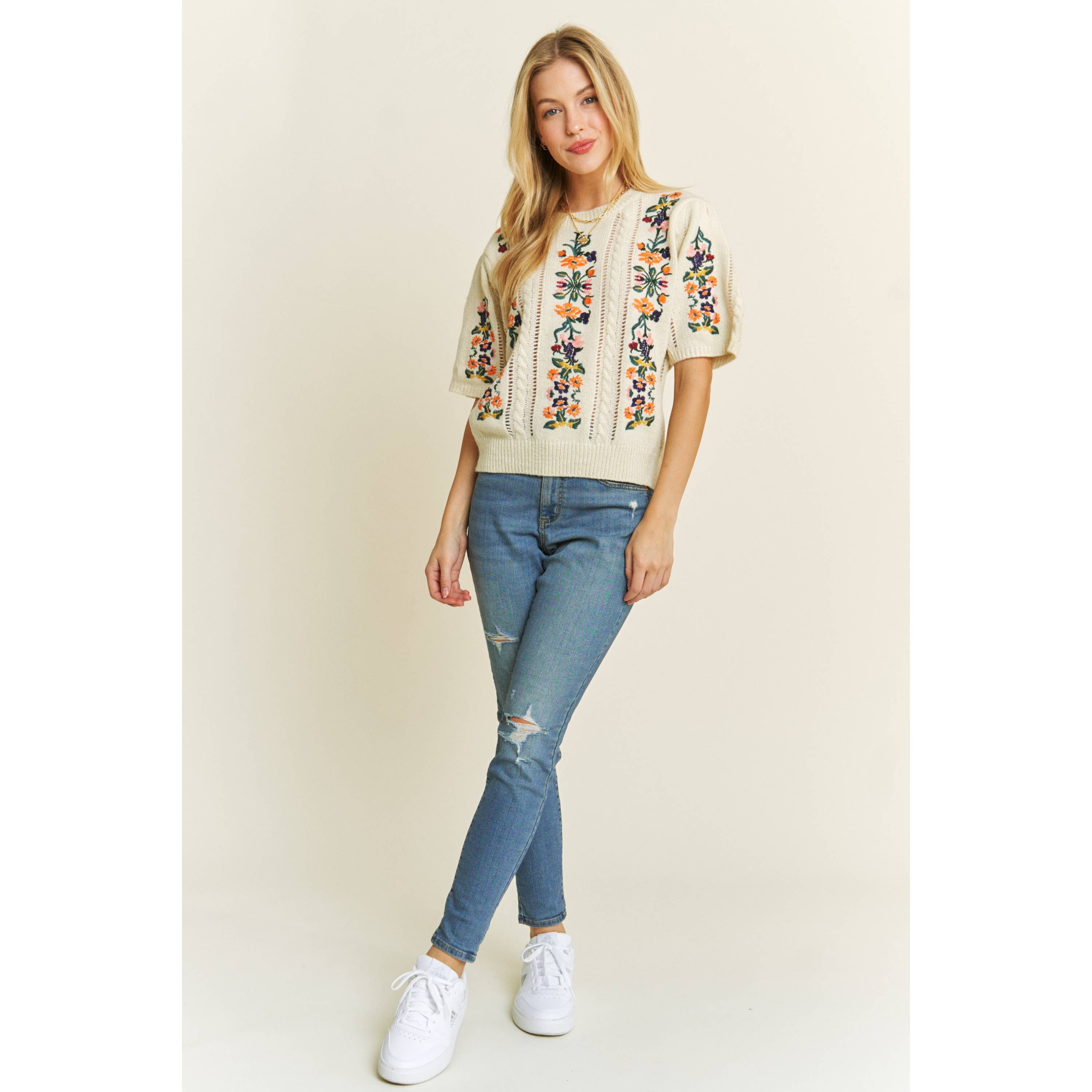 Sweet Generis - Wholesale Knit Sweater - Women's - CUTE FLORAL EMBROIDERY CASUAL PULLOVER SWEATER17