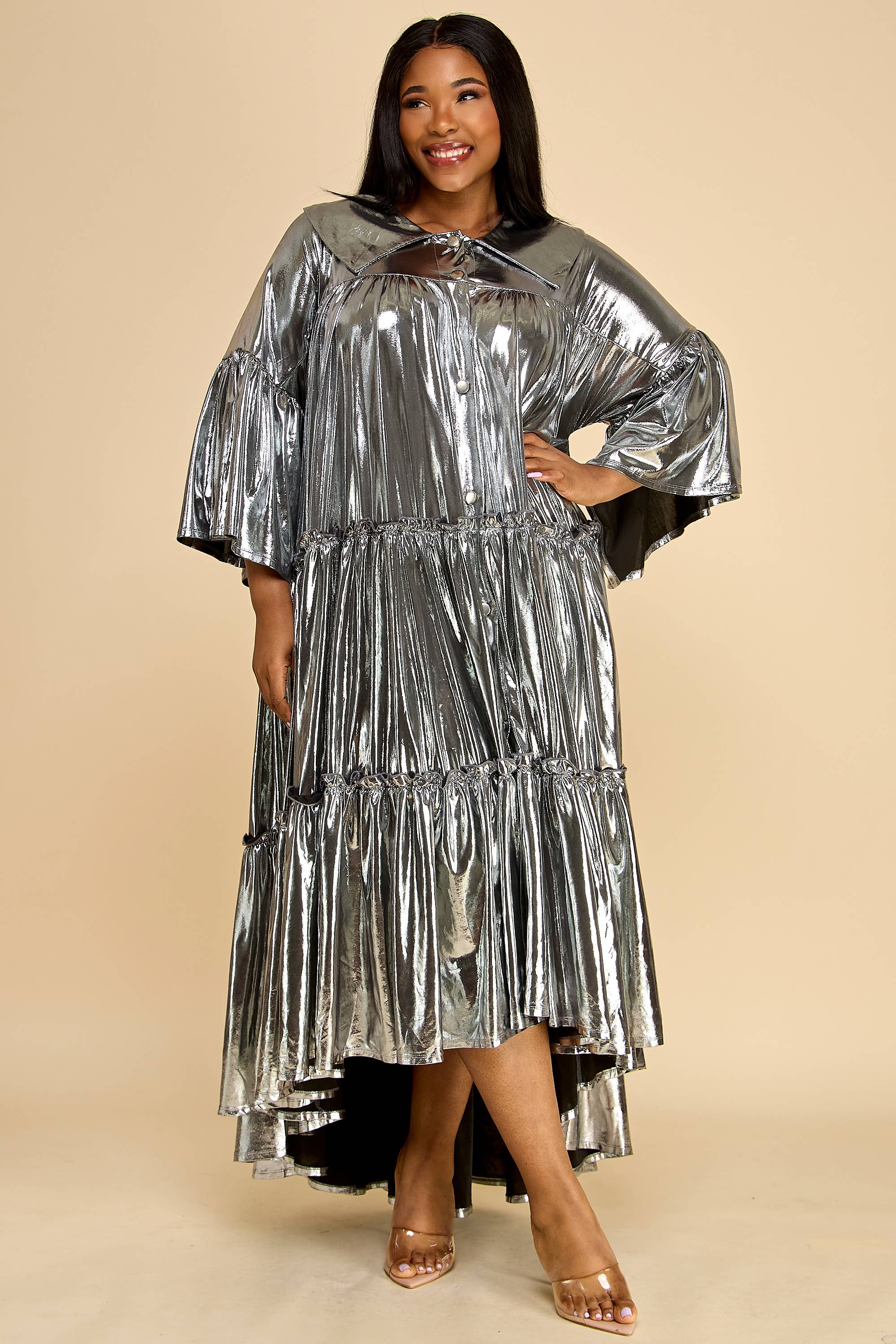 Namatt Design - Vente Robe – femme - Robe évasée plissée métallisée à plusieurs niveaux à manches évasées5