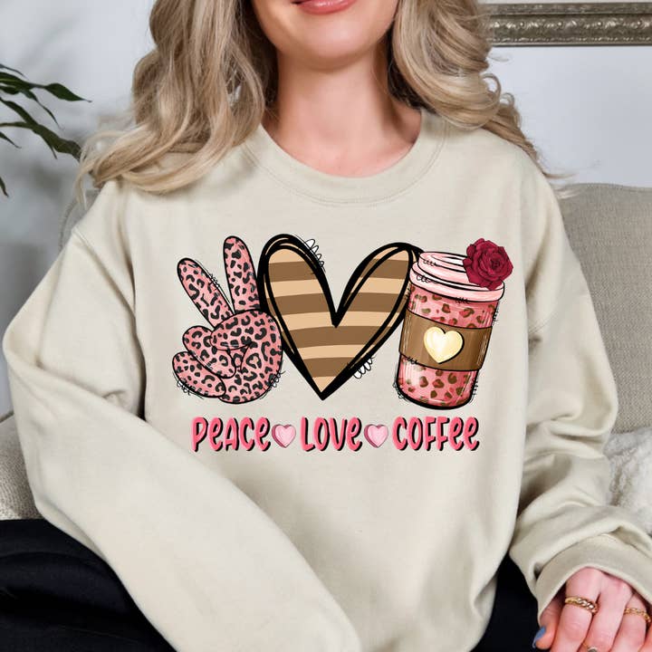 Peace Love Coffee Valentines Day Sweatshirt for wholesale by Simply Spoken Apparel