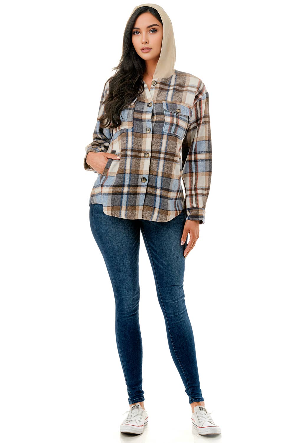 Color 5 - Vente Veste-chemise – femme - Veste en flanelle à carreaux bleu-blanc avec capuche et poches13