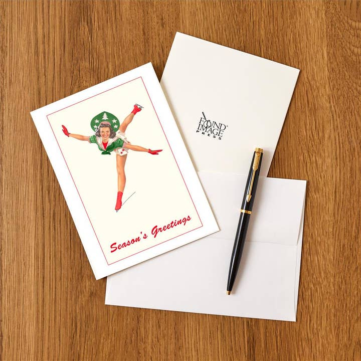 Found Image Press - Wholesale Stationery/Notecard Set - Greeting Card MC-348 Season's Greetings, Skating Woman1