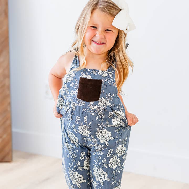 Reversible Solid Brown Corduroy & Grey Floral Printed Jumpsuit : Infant : Baby : Toddler : Tween : Kids for wholesale by Yo Baby
