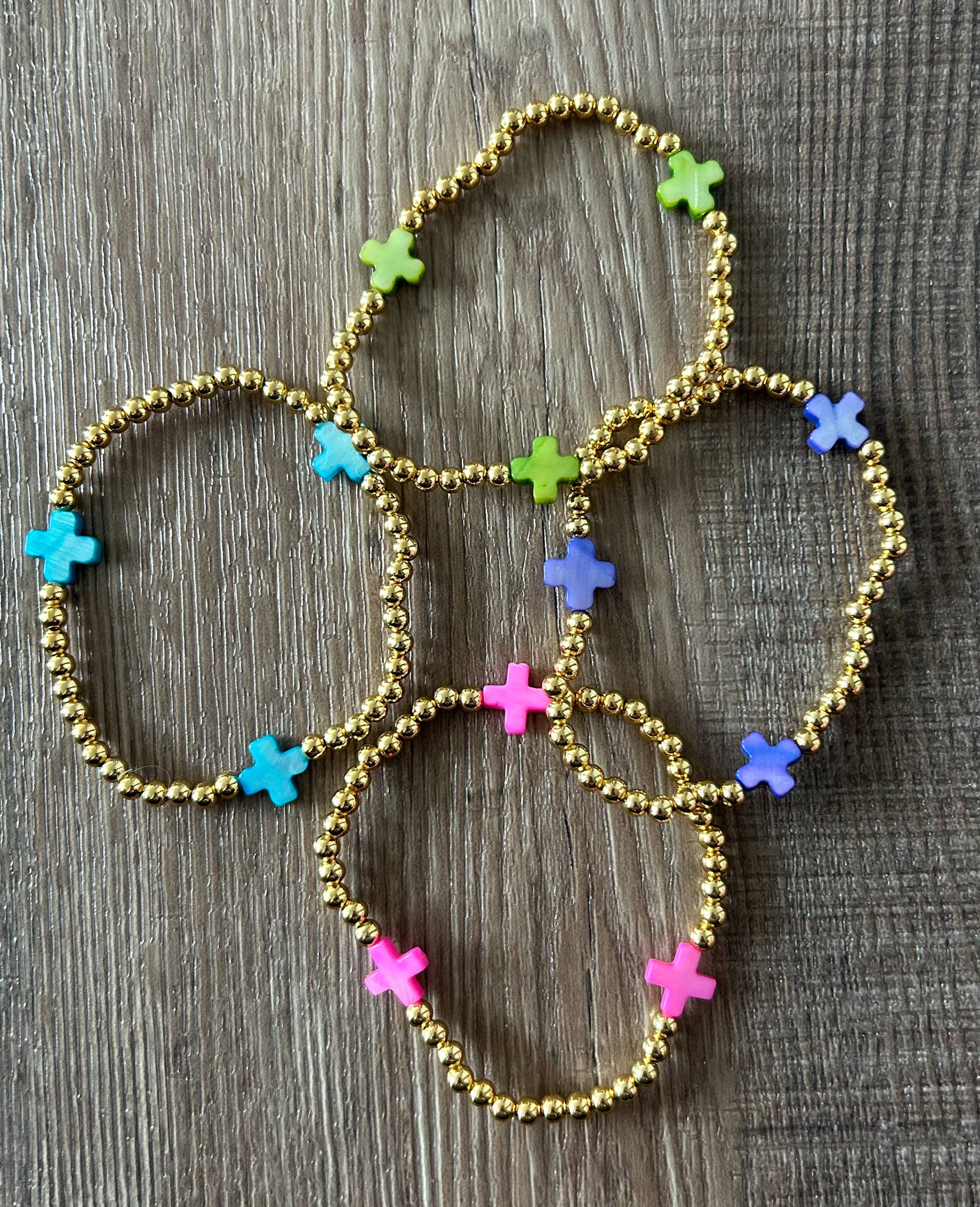 JILLIAN INK LLC - Wholesale Beaded Bracelet - Gold with Colored Cross Beaded Stretch Bracelet2