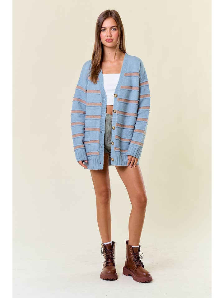 Doe and Rae - Wholesale Cardigan - Women's - Striped Front Button Closure Sweater Cardigan - 10616J