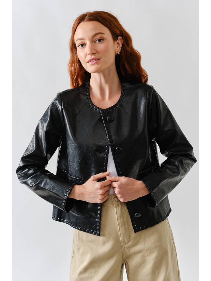 Aaron & Amber - Wholesale Leather Jacket - Women's - MAJ3284 WHIPSTITCH EDGE FAUX LEATHER JACEKT0