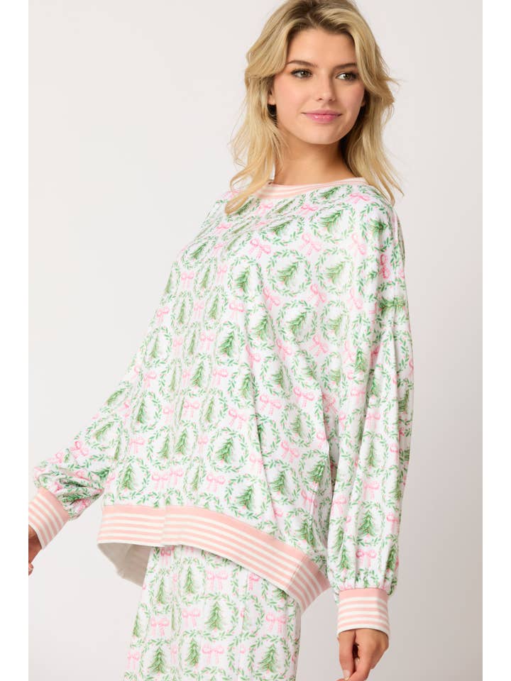 IVORY LT GREEN PINK Christmas Tree & Bow Prints Loungewear Top for wholesale on Faire