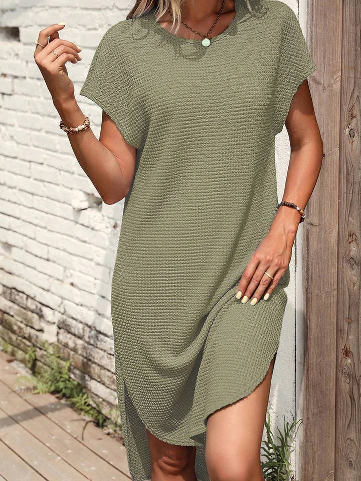 Green Waffle Texture Curved Hem Side Slit T-shirt Dress for wholesale on Faire