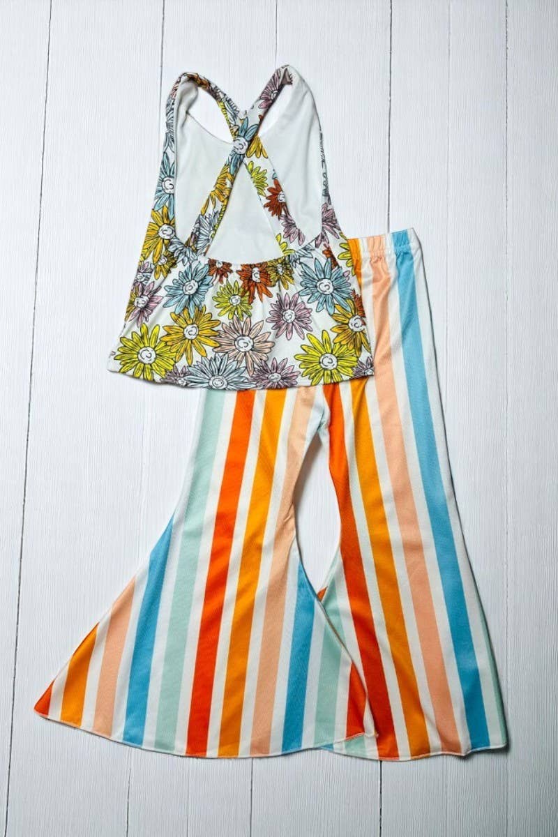 luluclothes - Wholesale Top & Short Set - Kids - Multi color floral top & striped bell bottoms set DLH1215-381